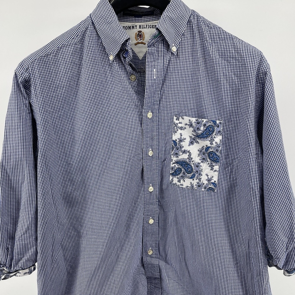 Tommy Hilfiger Shirt Mens 16.5-34 Large Blue White Gingham Check Patchwork‎
